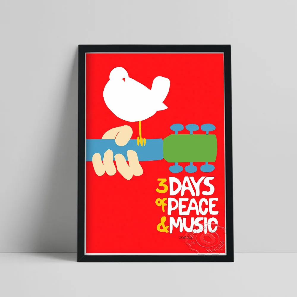 

1969 Woodstock Festival Poster, Abstract Red Background Instrument Pigeons Art Canvas Painting, Vintage Art Prints Wall Decor