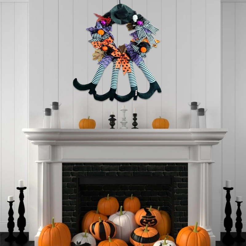 

68UE Halloween Wreath with 4Pcs Witch Legs Hat Pumpkin Artificial Maple Leaves Front Door Hanging Garland Festival Party Wall