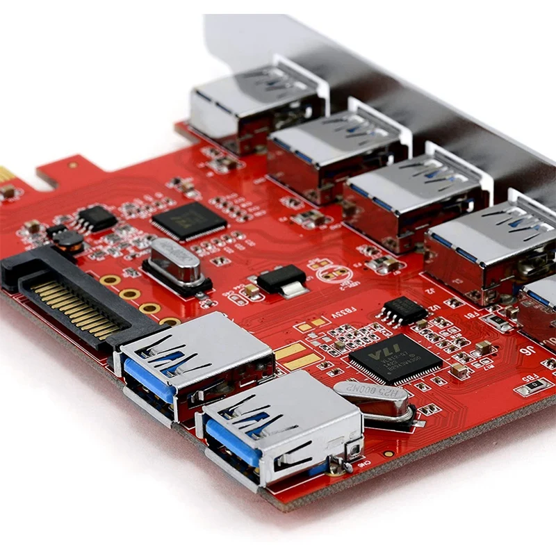 

7 Port USB3.0 PCI Express PCIe Controller - 5X External Ports 2X Internal- 15 Pin SATA Power Connection - Interface Card