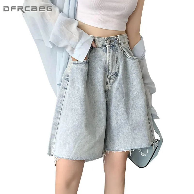 

Light Blue High Waist Loose Knee Length Half Short Jean 2020 Streetwear Summer Wide Leg Denim Shorts Bermuda Feminino