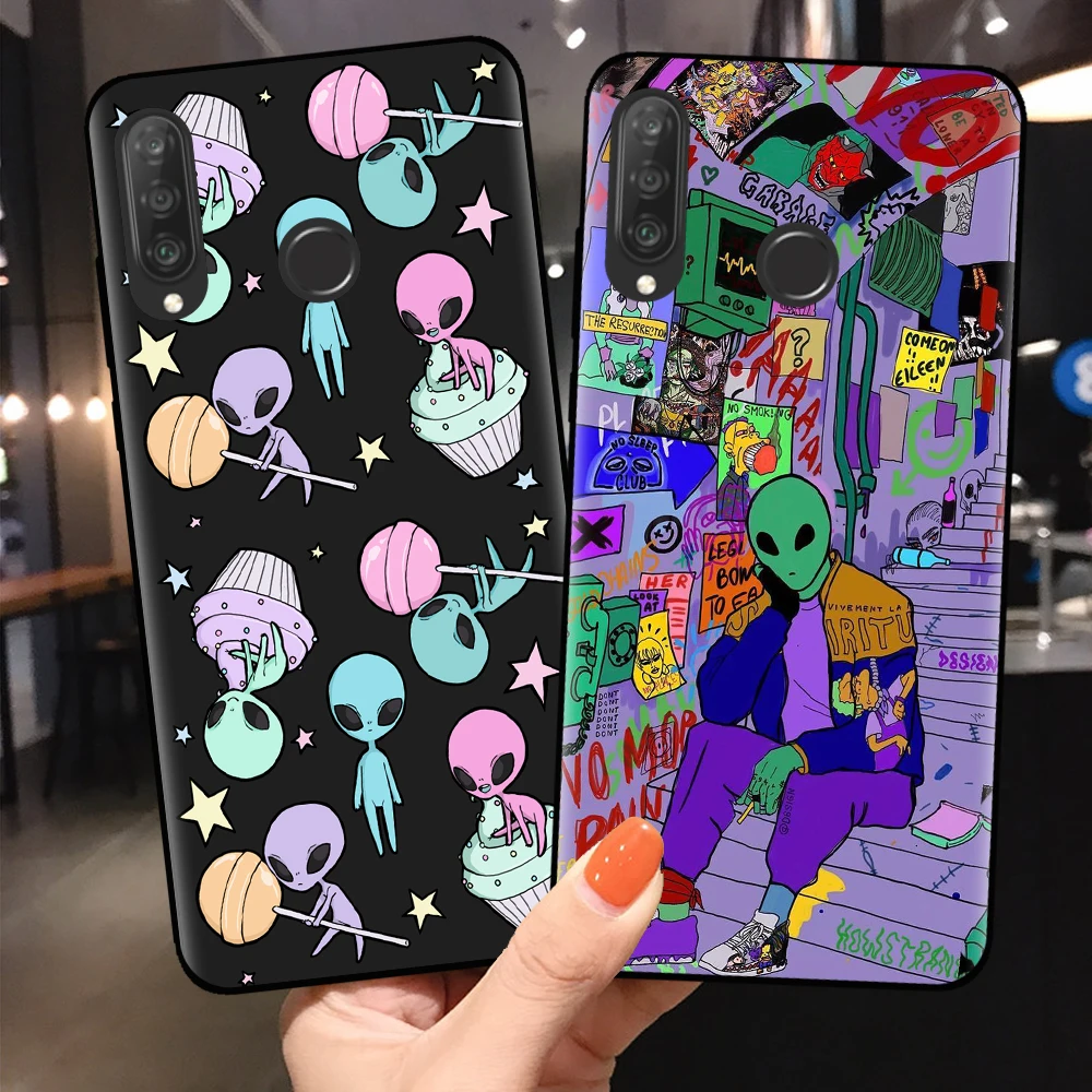 Эстетичный милый мультяшный инопланетянин Космос Черный ТПУ мягкий чехол для