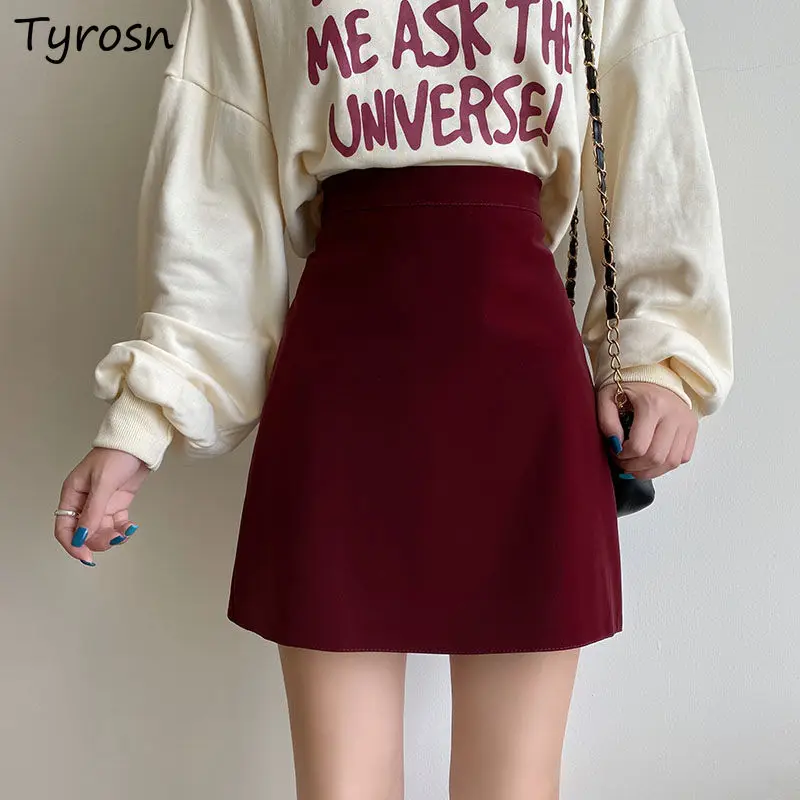 

Solid Burgundy Skirts Fashion Slender Mini Faldas Christmas Gift Ulzzang All Match New Year Outfit Autumn Winter Korean Style