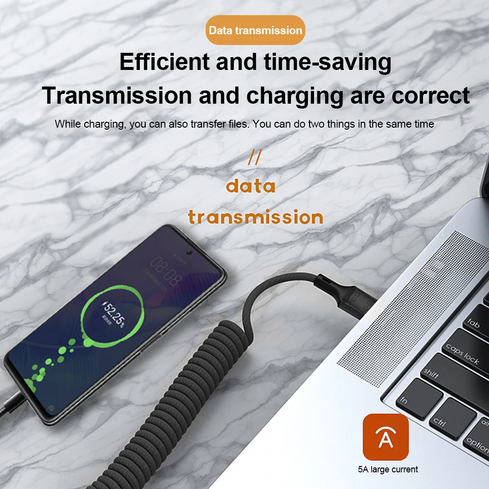 Выдвижной Автомобильный кабель 2 м USB Type C пружина 5 А Type-C шнур для быстрой зарядки