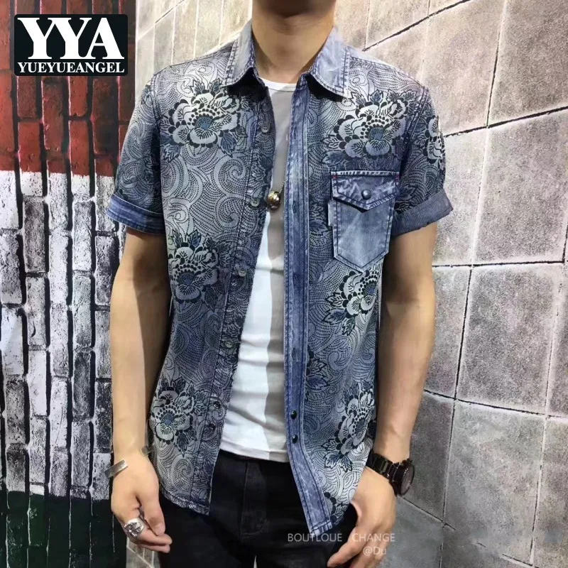 

Punk Style Floral Printing Mens Vintage Denim Shirts Short Sleeve Fashion Single Breasted Lapel Slim Plus Size Male Open Stitch