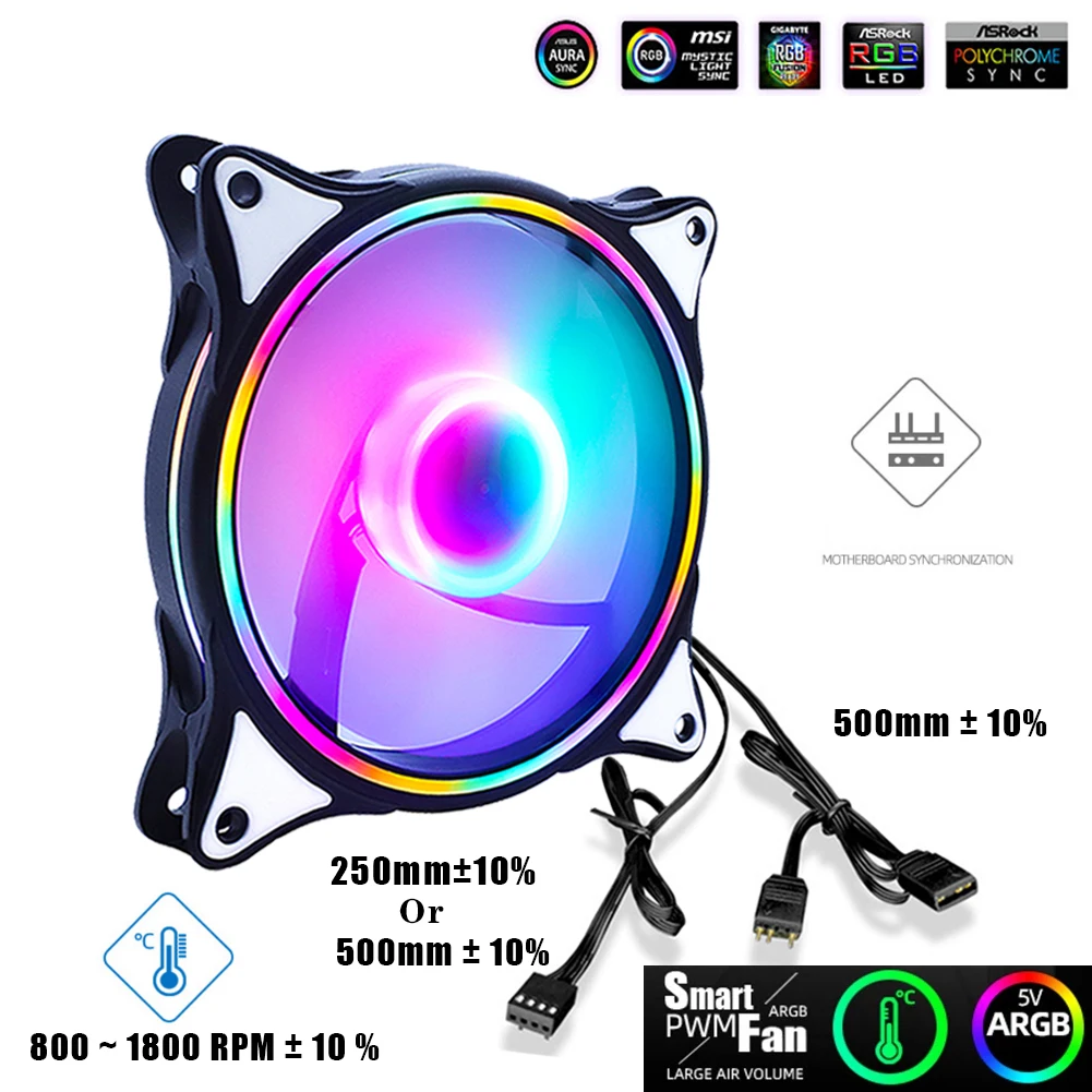 Wovibo 120 мм ARGB вентилятор 5 в 3 контакта Pwm 4 12 В постоянного тока Радужный RGB бесшумный