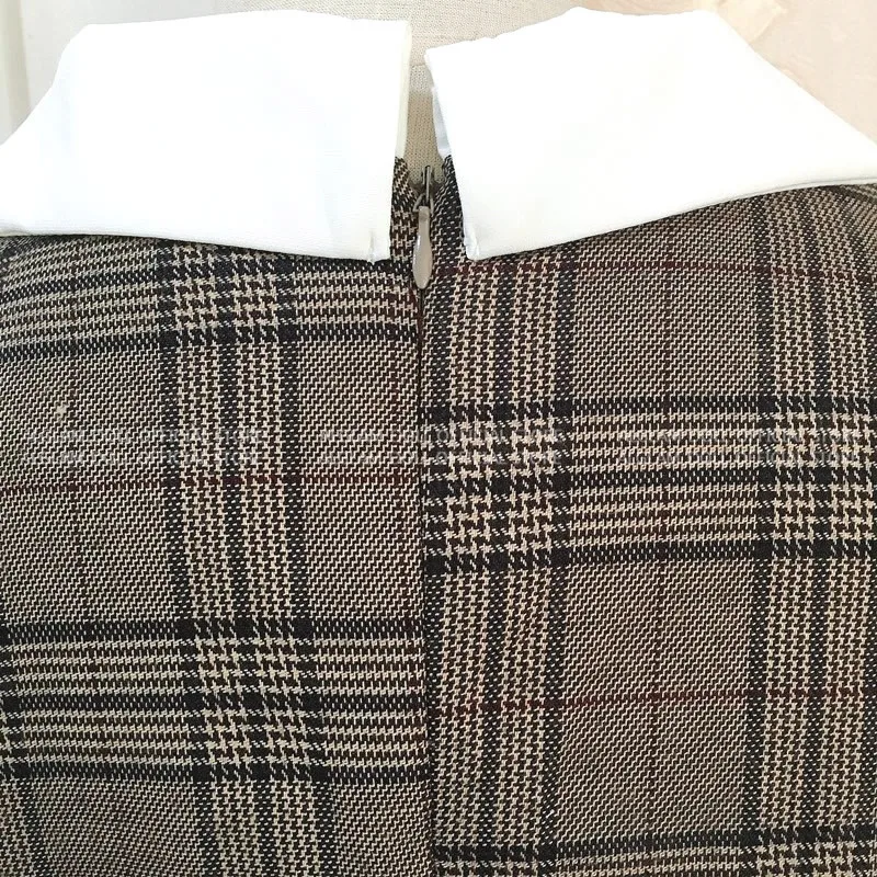Autumn Notched Vintage Plaid Vestidos Bowknot Half Sleeve Knee-Length Bodycon Pencil Office Work Cloth Dress