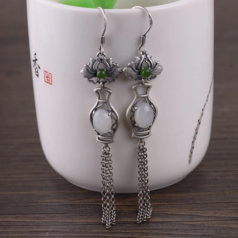 

FNJ Lotus Tassel Earrings 925 Silver Original Pure S925 Sterling Silver Drop Earring for Women Jewelry Hetian Jade Jasper