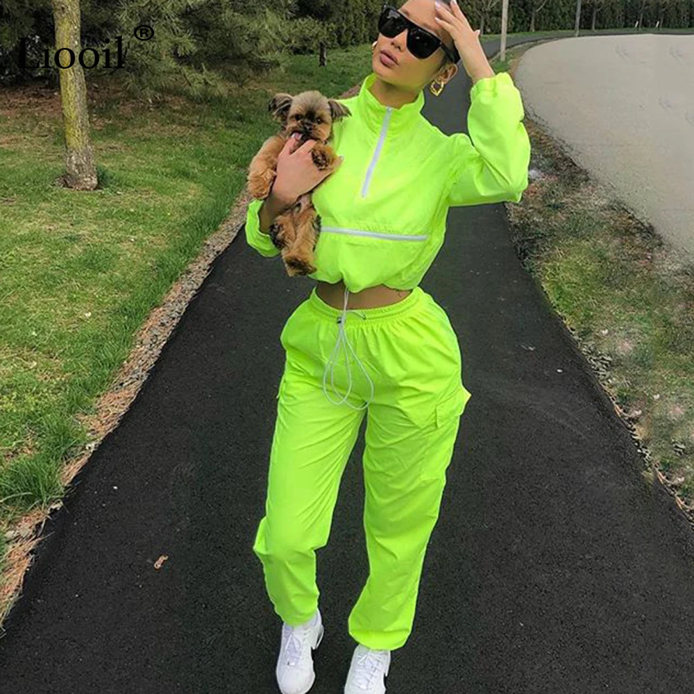 Liooil Neon Green/женская одежда комплект из двух предметов, спортивный костюм осень, укороченный топ с длинными рукавами на молнии и спортивные штаны, комплекты для бега