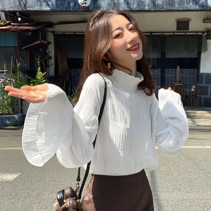 Уличная одежда женская блузка с оборками топы расклешенными рукавами шикарные