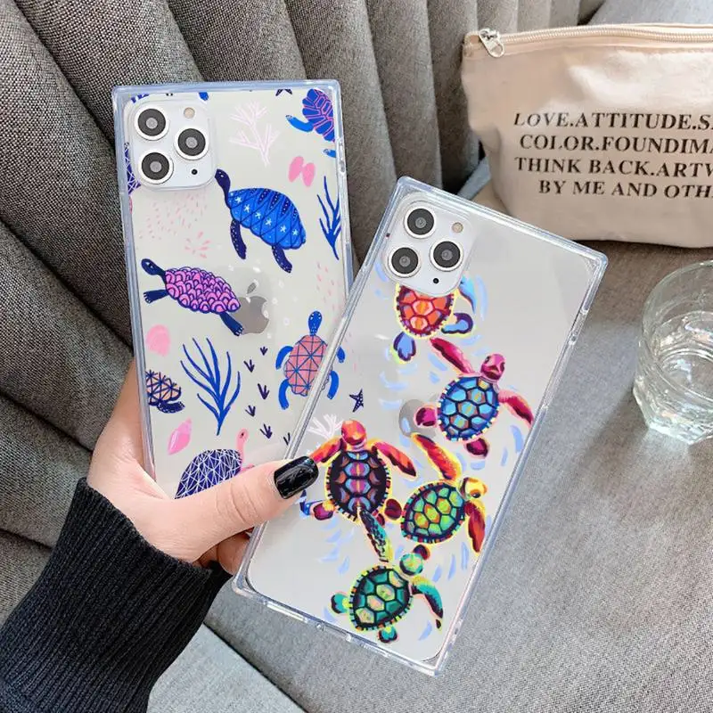 

Cute Cartoon Turtle Phone Case For iPhone 7 8 11 12 X XS XR MINI Pro Max Plus Clear Square Transparent