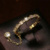 huitan new trendy micro paved square zircon women ring with chain decorative ring female party daily fancy jewelry gold color