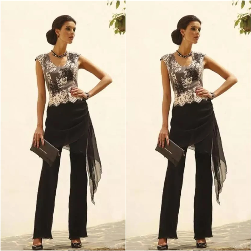 

Pant suit chiffon sleeveless applique bride's mom trouser suit formal custom two-piece lace scoop ball evening dress