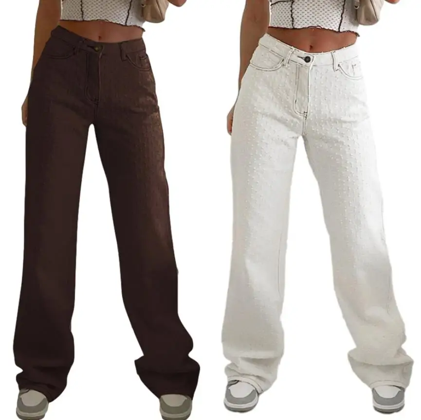 

Women Long Wide Leg Pant Chic Small Holes Design High Waist Straight Palazzo Pants Trousers