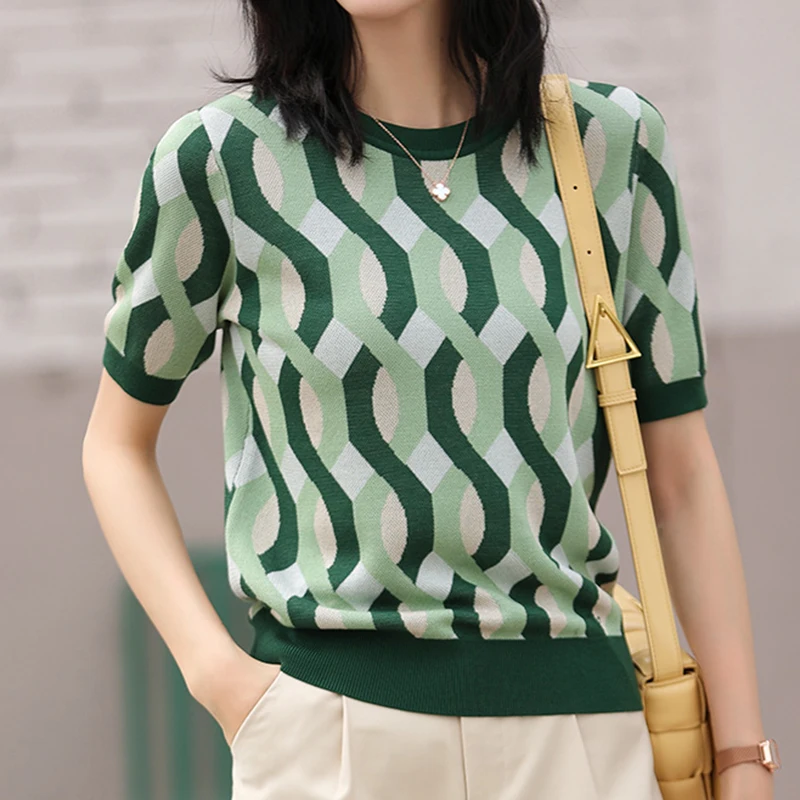 

LJSXLS Ice Silk Knitted Sweater Women Striped Vintage Short Sleeve Summer Loose Thin O Neck Pullovers 2022Autumn Casual Tops