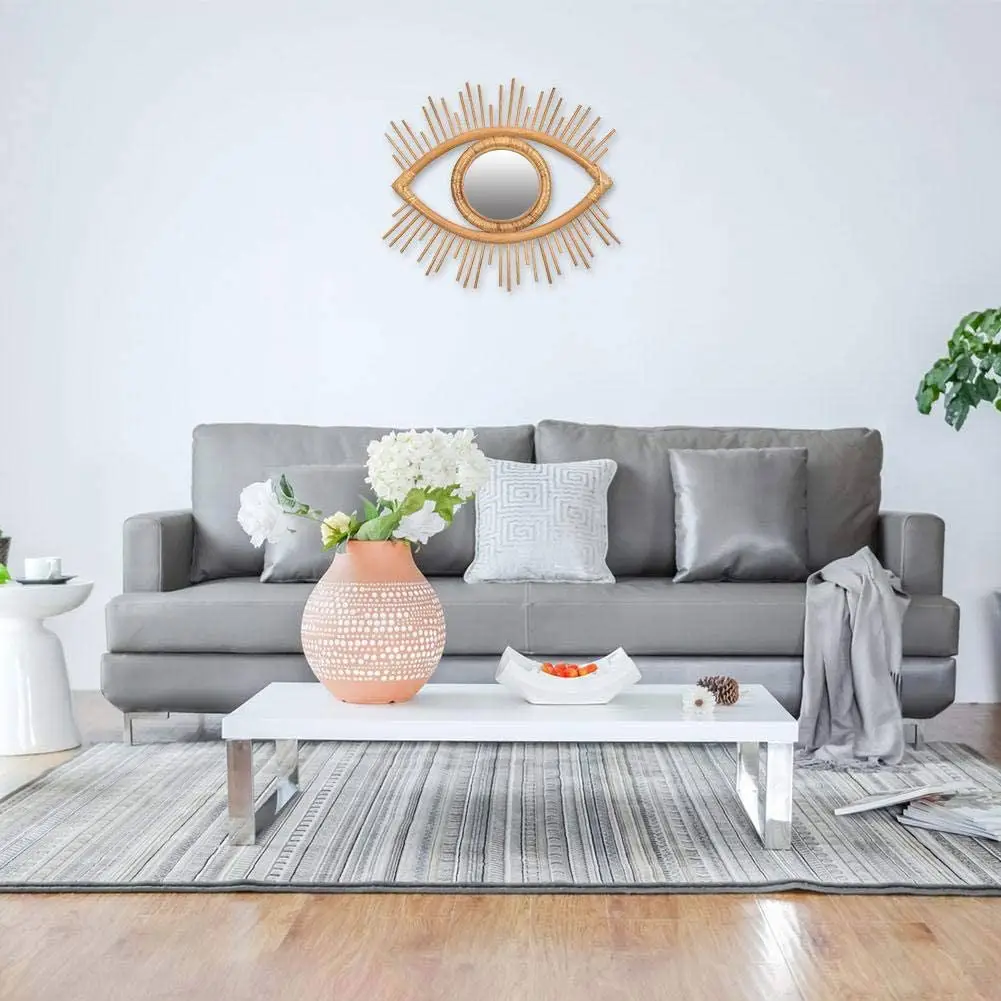 

Eye Shape Decorative Mirror Rattan Innovative Art Decoration Round Makeup Mirror Dressing Bathroom Wall Hanging Mirror Crafts
