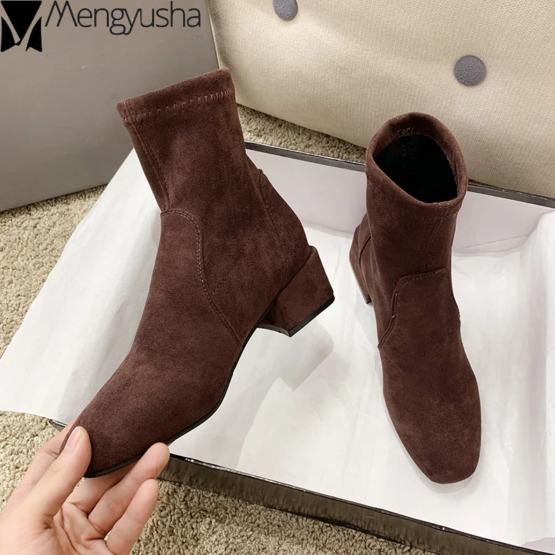 Тянущиеся замшевые кожаные носки однотонные ботинки Челси на не сужающемся