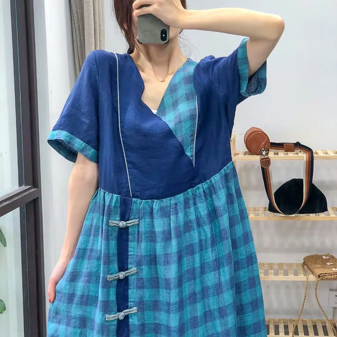 

Retro Dress Dress 2021 Summer Loose Casual Print Striped Dress Ladies New V-Neck Short Sleeve Mori girl Dress
