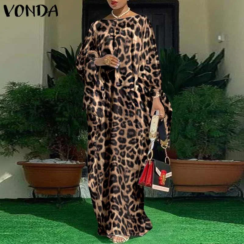 

Женское винтажное платье VONDA с леопардовым принтом, повседневное Плиссированное осеннее платье с длинным рукавом и круглым вырезом, 2022