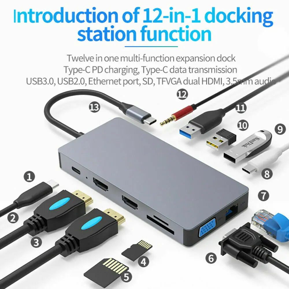 Док станция для ноутбука 12 в 1 USB 3 0 HDMI VGA PD|USB-хабы| |