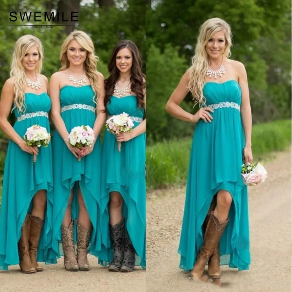 

Country Bridesmaid Dresses 2020 Cheap Teal Turquoise Chiffon Sweetheart High Low Beaded With Belt Party Wedding Guest Dress