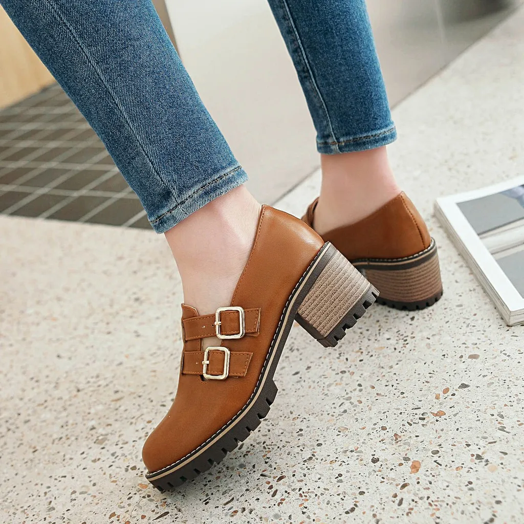 

New high quality Pu breathable leather women's shoes fashion metal needle buckle thick soled shoes round head thick heel handmad