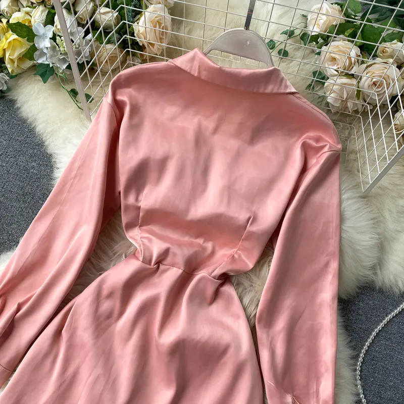

Black/White/Pink Satin Mini Dress Women Autumn Turn-down Collar Single Breasted Casual Dress Female New Vestidos Mujer 2020