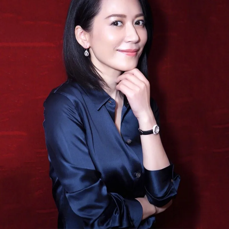 2020 Spring Satin Silk Turn-down Collar Long Sleeves OL Ladies Shirt Women Solid Comfort Elegant 19 Momme Real | Женская одежда