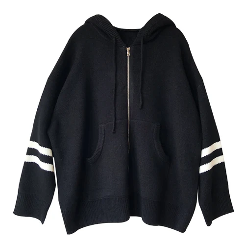 Thick Simple Cardigan Outwear Striped Zipper Pocket Hooded Fashion Loose Korean Style 2019 New Arrival Female Women Sweaters |