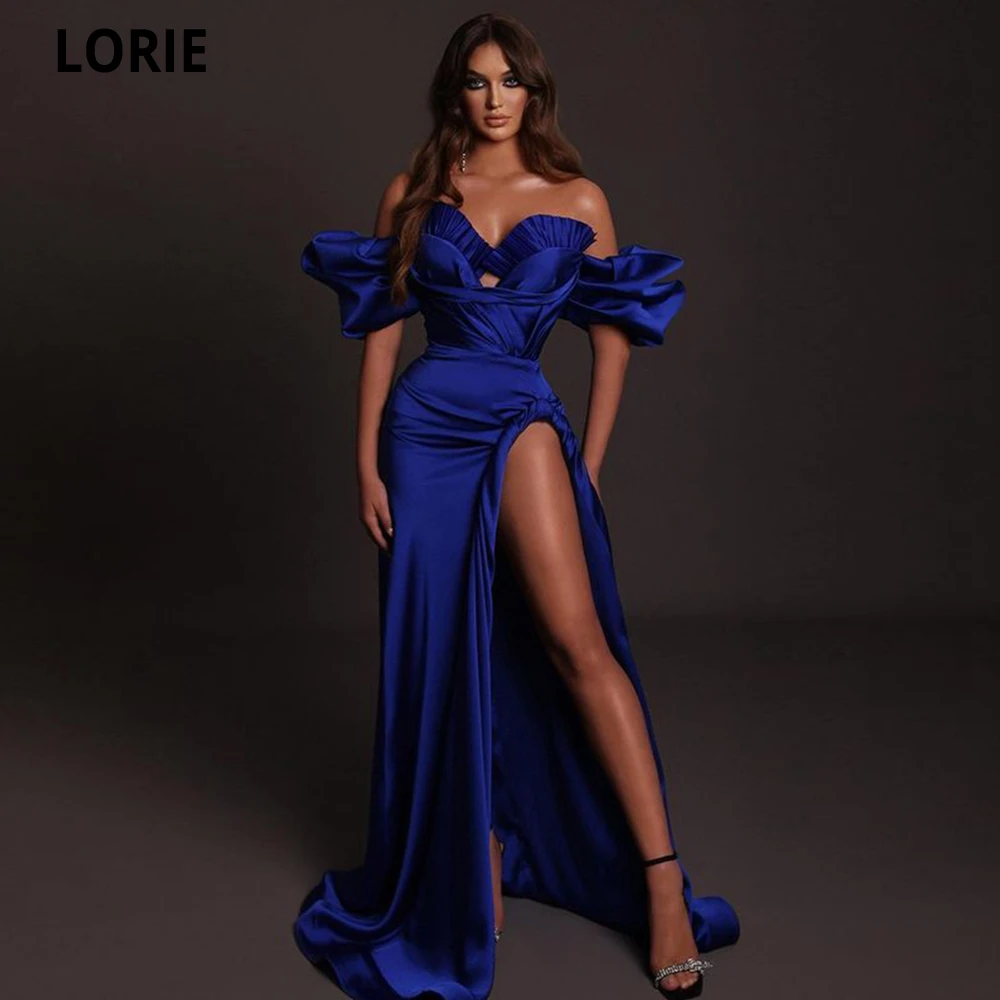 

LORIE High Slit 2021 Blue A-line Prom Dresses Sweetheart With Puff Sleeves Special Occastion Formal Evening Party Gowns Dress