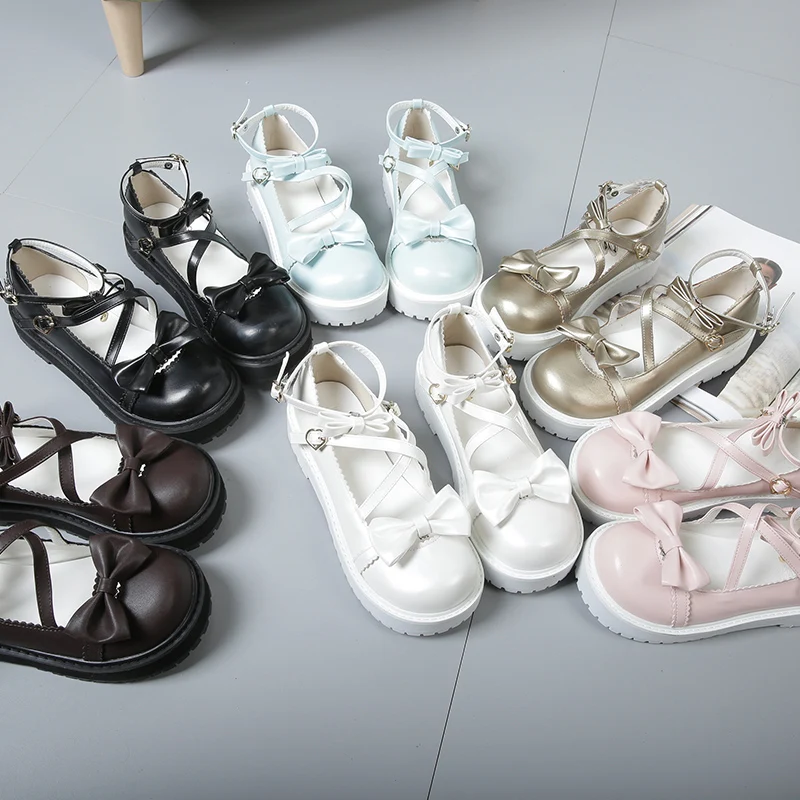 Японская Милая фотообувь с милым бантом и круглым носком черная