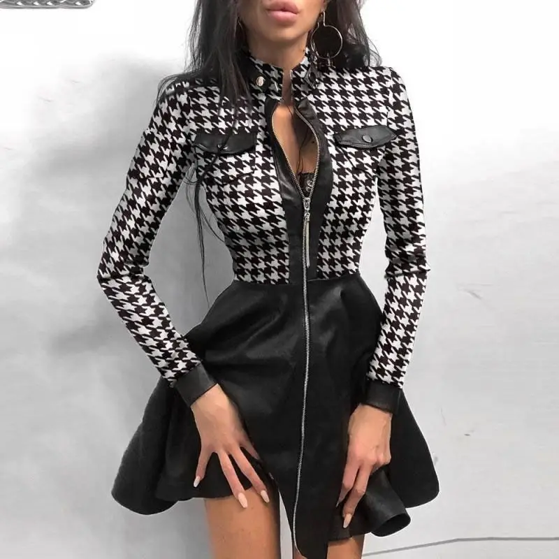 

European and American Sexy PU Lace Patchwork check waist dress