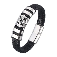new punk stainless steel charm magnetic black men bracelet leather genuine braided rock bangles mens jewelry bb0967