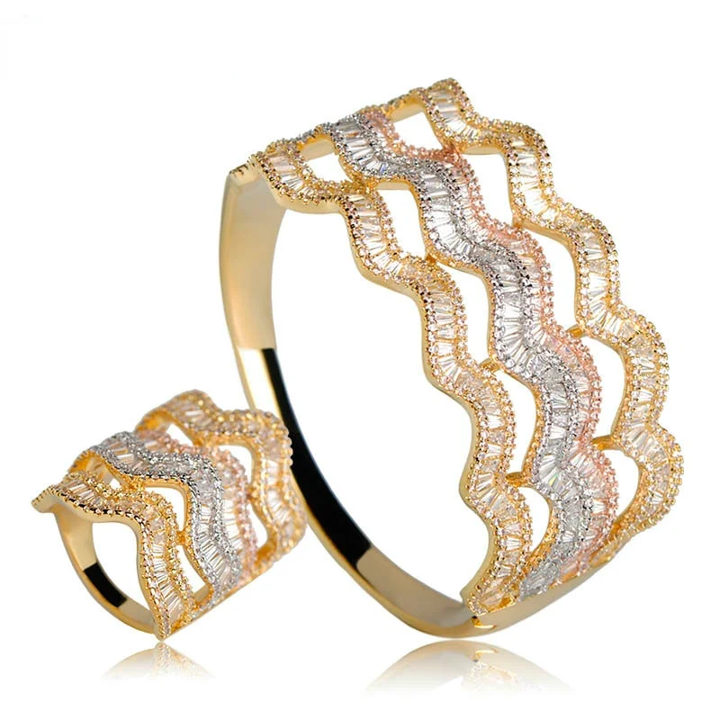 

Blucome Multilayer Zirconia Waves Shape Width Bangles Ring Set For Women Lady Nigerian Wedding Jewelry Sets Parure Bijoux Femme