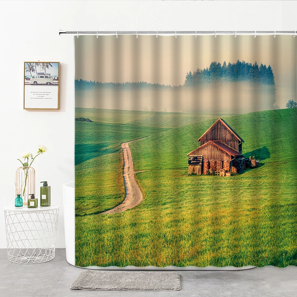 

Cabin In the Forest Shower Curtain Natural Landscape Bridge Rockery For Bathroom Decoration Bath Things For Home 3D Curtains