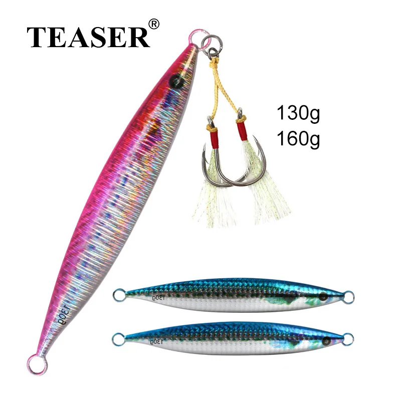 

TEASER 130g 160g Slow Sinking Metal Jig Lure Artificial Bait Shore Jigging Bass Fishing Tackle With Luminous Twin Assist Hooks