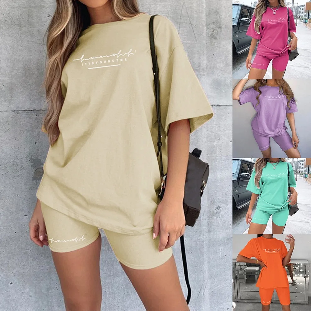 

Women's Two Pieces set of Sets Homewear Oversize Shirt and Skinny Shorts Set Streetwear Letter Print Set Sportwear