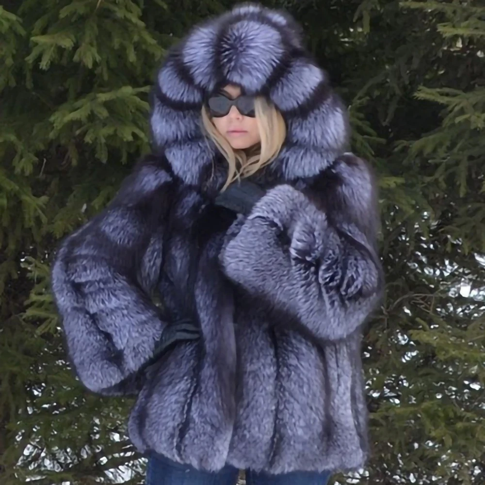 TOPFUR NEW Real Fur Coat Women Luxury  Winter thick Fur Jacket With Fur Hood High Quality Fashion Natural Silver Fox Fur Coat