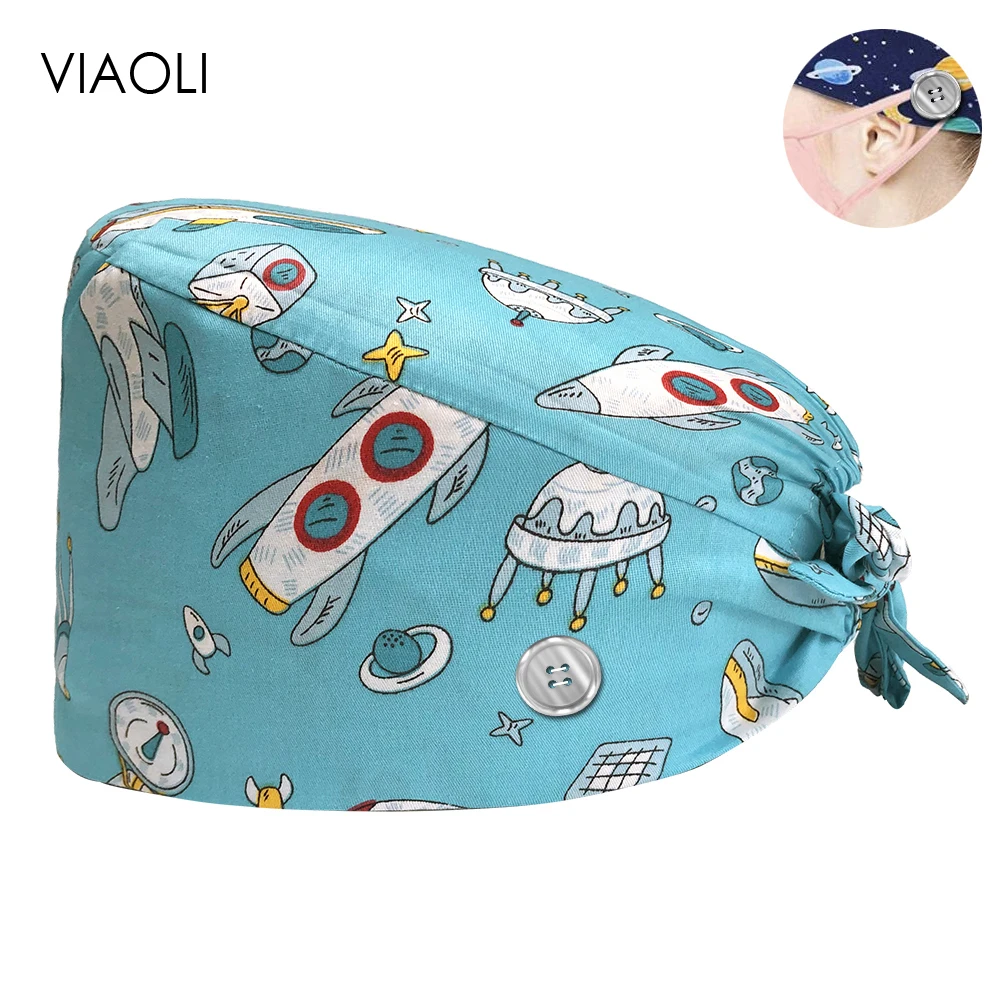 

Adjustable Scrub Hat Laboratory Room Hat Cartoon Printing Nurse Cap 100%Cotton Dental Clinic Working Cap Unisex Scrubs Women Cap