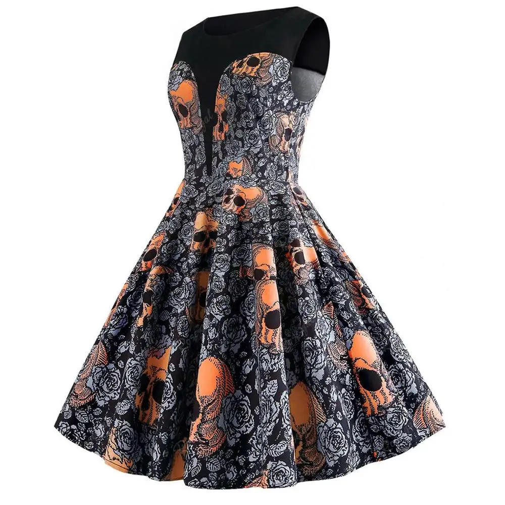 Модное женское платье с черепом элегантное вечернее на Хэллоуин цветочный принт