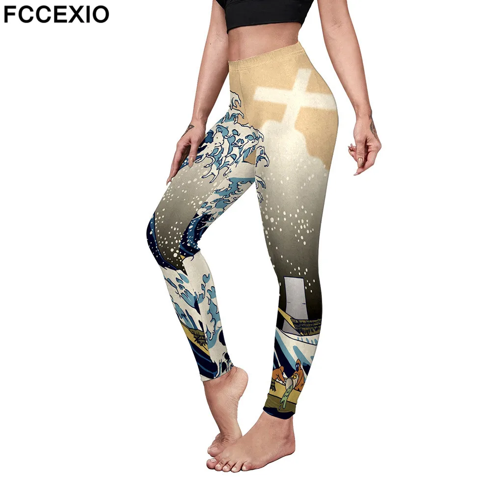 

FCCEXIO Women Sexy Tight Leggings Sea Wave 3D Print Seamless Trousers High Elastic Hip-Lift Push Up Fitness Leggings Soft Pants