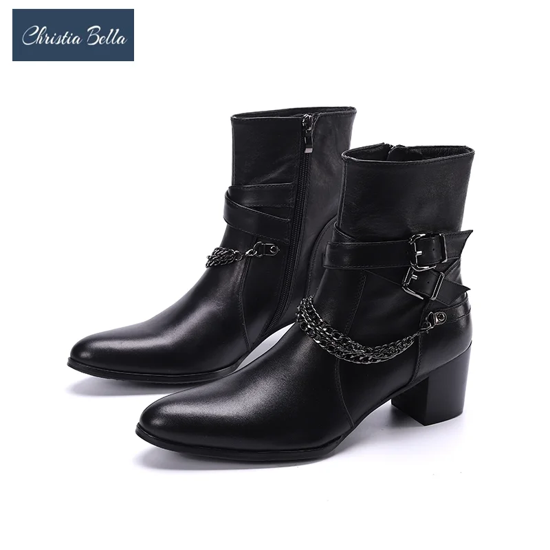 

Christia Bella Winter Men Western Cowboy Boots Fashion Chains Man High Heel Short Boots Real Leather Party Motorcycle Ankle Boot