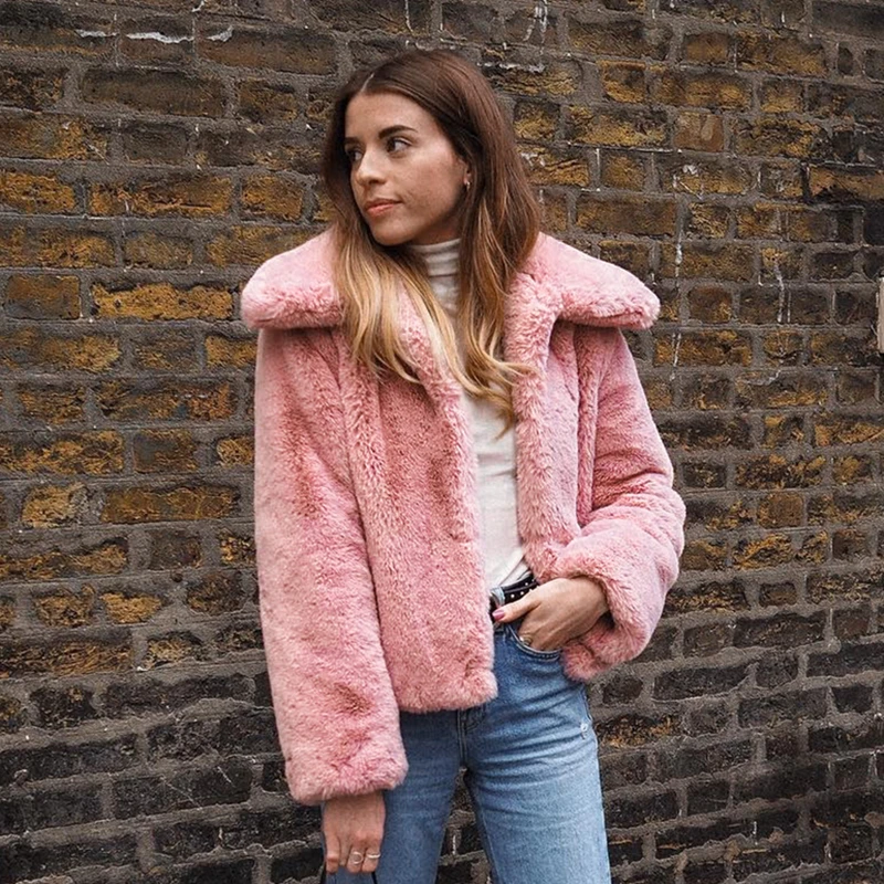Зимнее Розовое женское пальто из искусственного меха с длинным рукавом мягкая