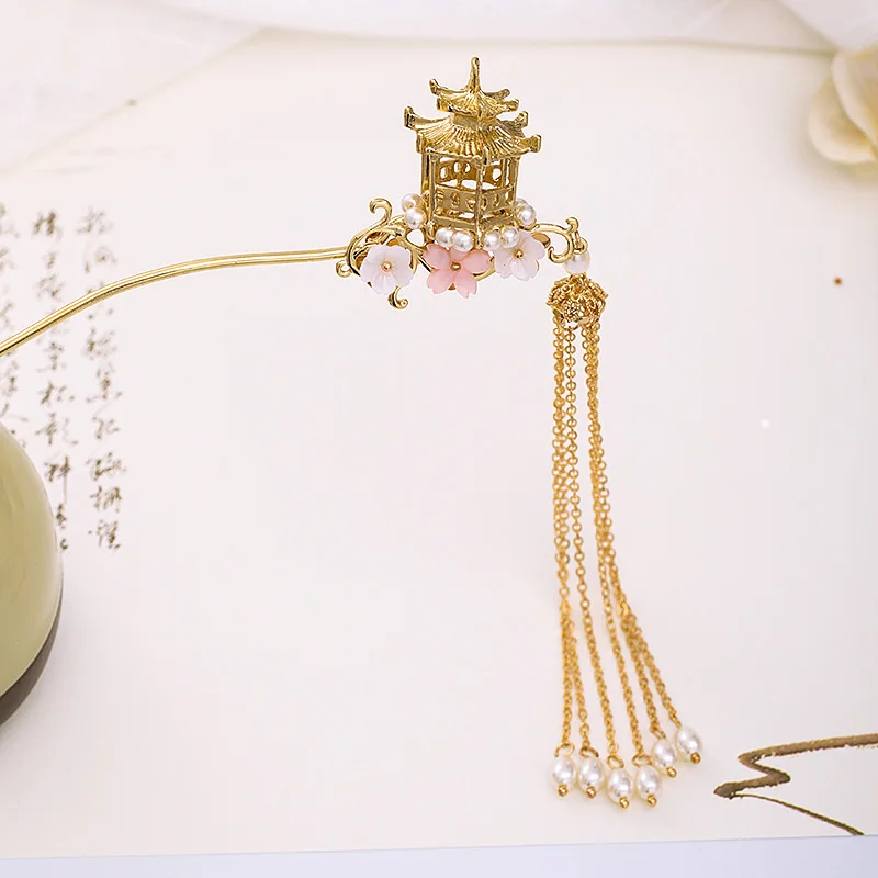 New Chinese Hanfu Dress Hairpins Clips Flower Pearls Gold Color Long Tassels Hair Fork Sticks Headpieces for Women Girls | Украшения и