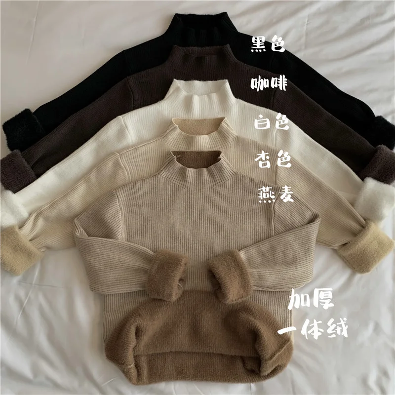 

Winter Cashmere Imitation Mink Sweater Integrated Cashmere Semi High Neck Sweater with Warm Top X3030 Inside