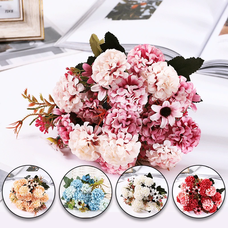 

12 Colors A Bunch Fake Bouquet Hand-Holding Flower 5 Forks Green Plants Crafts Artificial Flowers Home Decoration