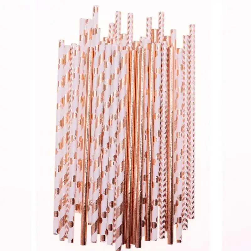 

Aluminum Rose Gold Foil Paper Straws Stripe Dot Mixed Birthday Party Decoration Kids Wedding Invitations Party Favors