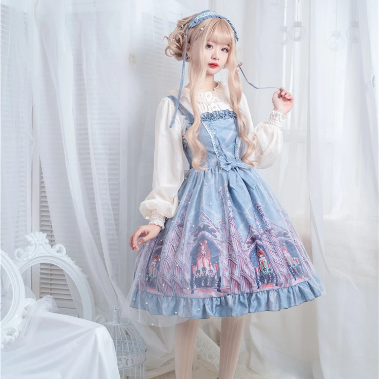

Imprison Sweet Women's Lolita JSK Dress Sleeveless Dress Net Yarn Cute Pearl Bows Trim Straps Dress One Piece Sky Blue