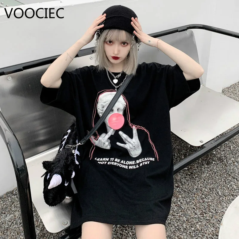 

VOOCIEC T Shirt Woman 2020 Gothic Star Punk Cat Print Tops Galaxy Short Sleeve Cat Print Black Loose Punk Casual Femme Clothing
