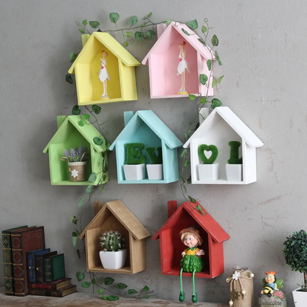 Настенная полка деревянный дом Форма подвесной стеллаж для хранения корзина