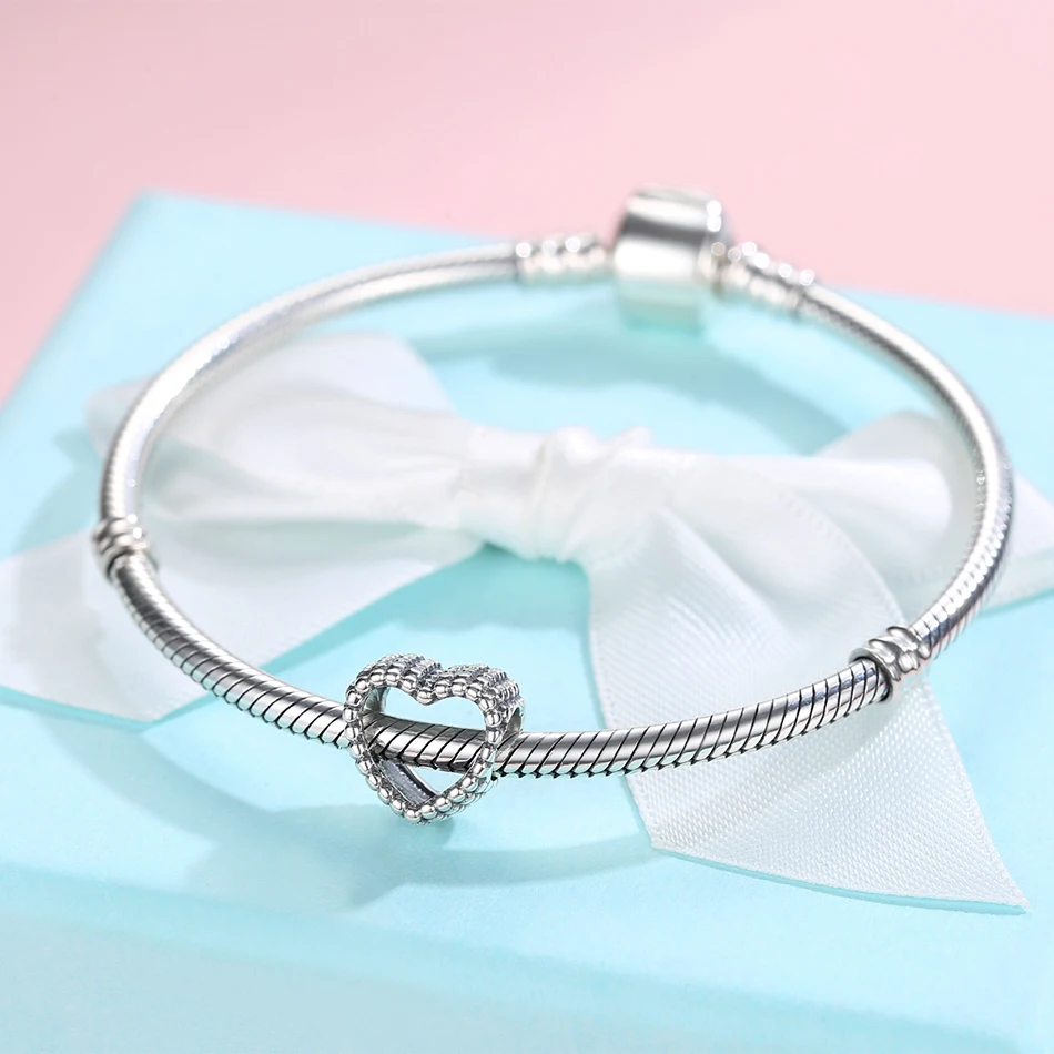 925 пробы Серебряная бисера браслеты с подвесками полые сердца драгоценные бусины